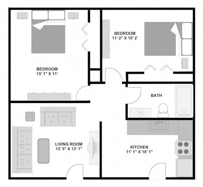 Floor plan for 2 beds, 1 bath, 725 sqft